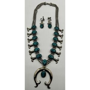 Vintage Goldette Faux Turquoise Squash Blossom Necklace And Earrings Set